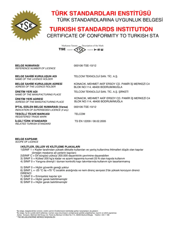 TS EN 12209 mekanik kilit belgesi