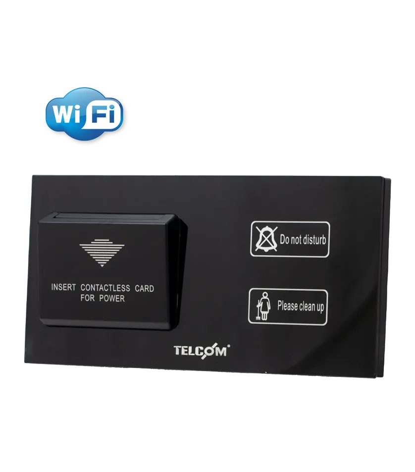 İç Ünite Wi-Fi doorbell paneli, siyah cam yüzeyde kart yuvası, “Do not disturb” ve “Please clean up” tuşları ve Wi-Fi logosu