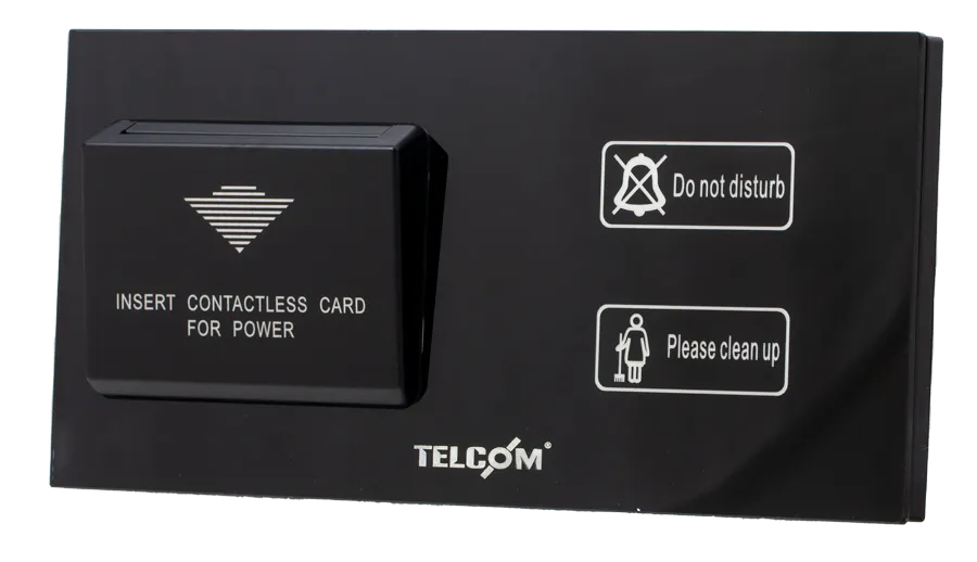 İç Ünite doorbell paneli, siyah cam yüzeyde kart yuvası ile “Do not disturb” ve “Please clean up” tuşları