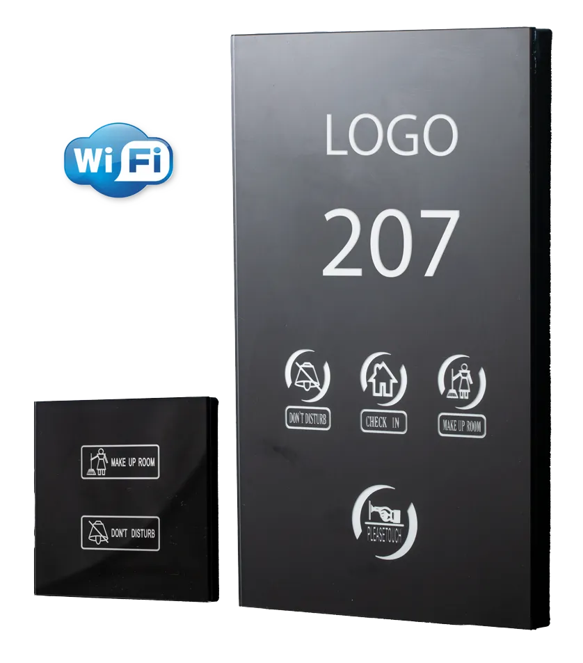 IDEA Wi-Fi doorbell, logo ve oda numaralı siyah cam dış panel, iç panel ve Wi-Fi logosu