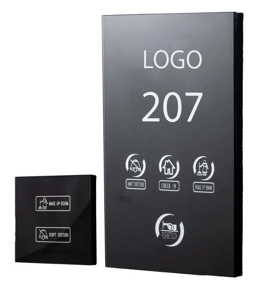 IDEA doorbell, logo ve oda numaralı siyah cam dış panel ile Make Up Room / Don’t Disturb tuşlu iç panel