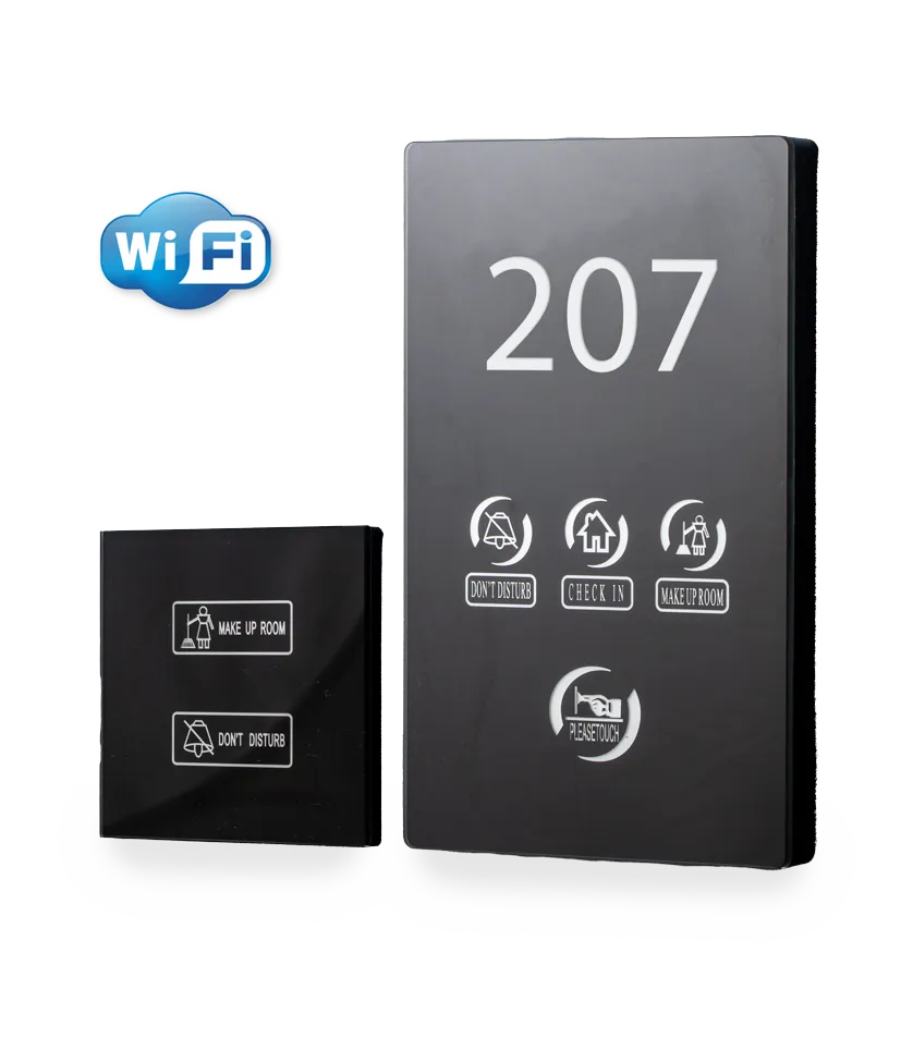 Would Wi-Fi doorbell, oda numaralı siyah cam dış panel, iç panel ve Wi-Fi logosu