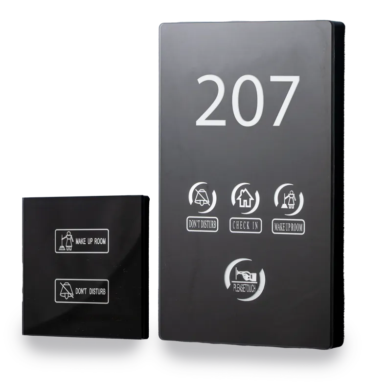 Would doorbell, oda numaralı siyah cam dış panel ve Make Up Room / Don’t Disturb tuşlu iç panel